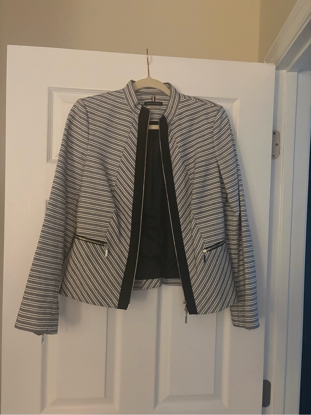 Tommy Hilfiger Black & White Striped Zip-Front Blazer